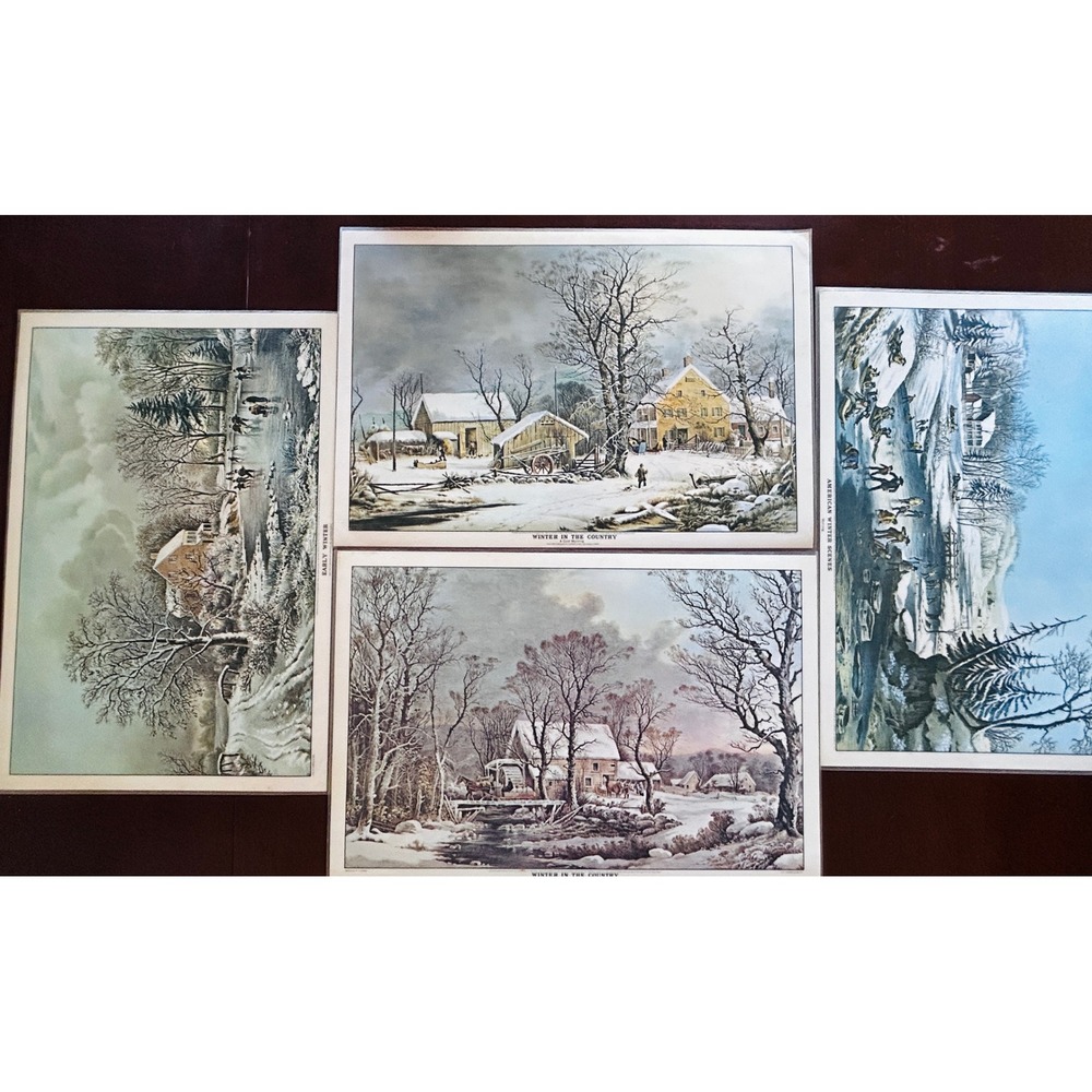 Currier & Ives Placemats Laminated Set of 4 Americana Christmas Farmhouse Rustic